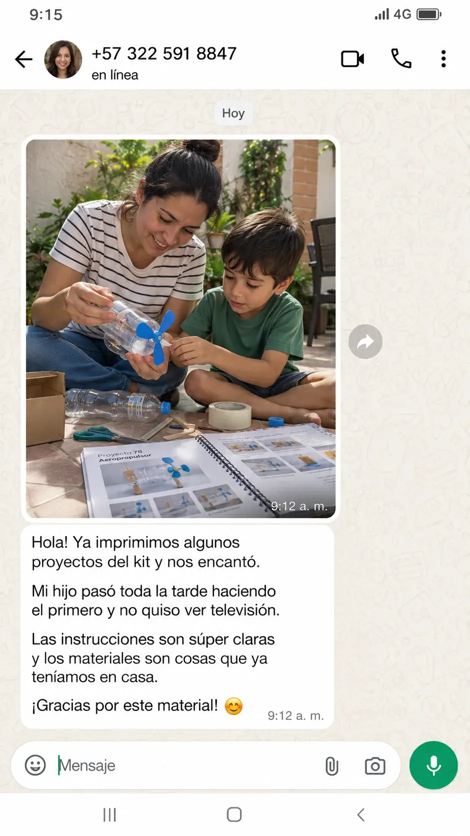 Testimonio de WhatsApp sobre el proyecto Aeropropulsor del kit