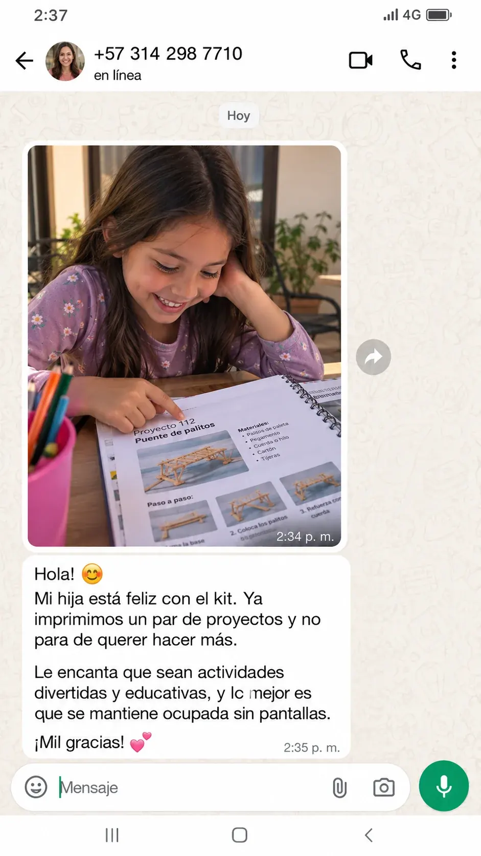 Testimonio de WhatsApp sobre el proyecto Puente de palitos del kit