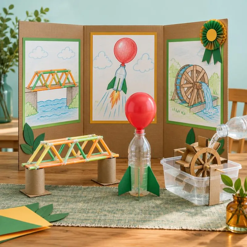 Feria de ciencias casera con puente, cohete y rueda de agua