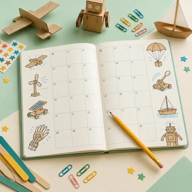 Cuaderno de calendario de inventos infantiles con dibujos y lápiz