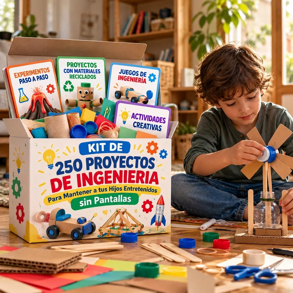 Caja del Kit de 120 Proyectos de Ingeniería con tarjetas de proyectos y un niño armando un molino de viento con materiales reciclados